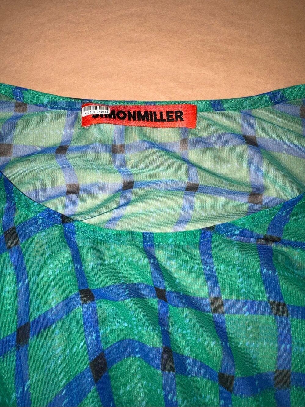 Simon Miller Sz L Kinny Ruched Plaid Mesh Midi Dress Anthropologie Green Blue - Picture 8 of 12